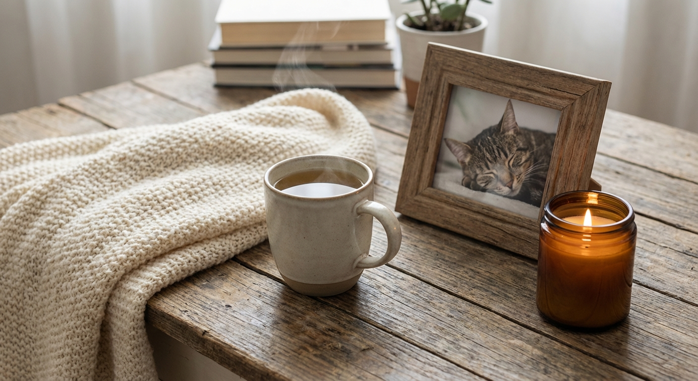 Varm, trøstende scene med stearinlys, te og et innrammet kjæledyrbilde på et trebord