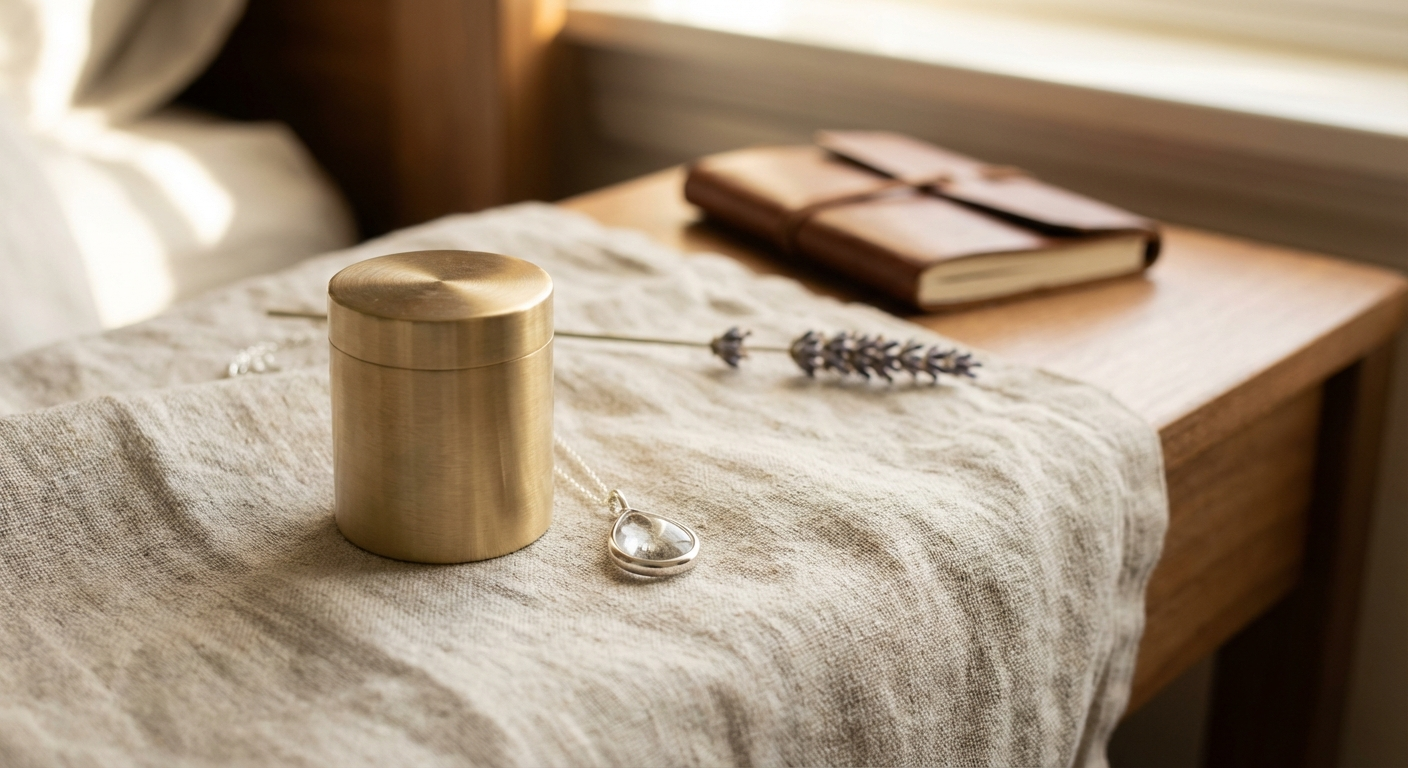 Ash pendant jewelry next to a small pet urn on linen cloth