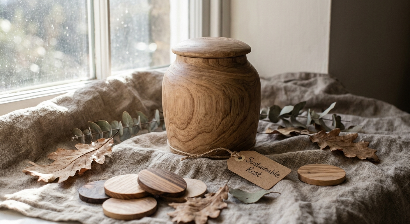 Wooden pet urn with leaves and natural wood textures