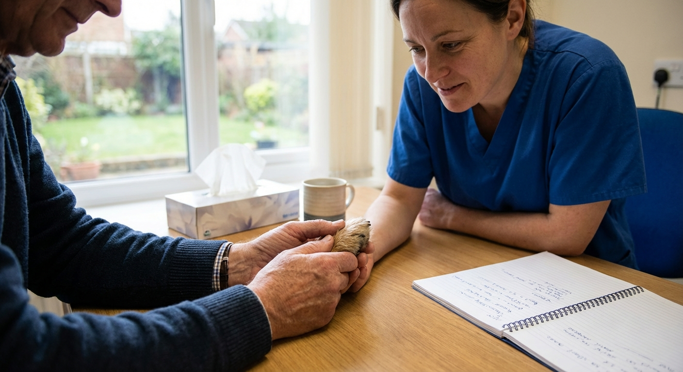 Medfølende veterinærkonsultasjon med hånd på kjæledyrpote, notatblokk og rolig stemning
