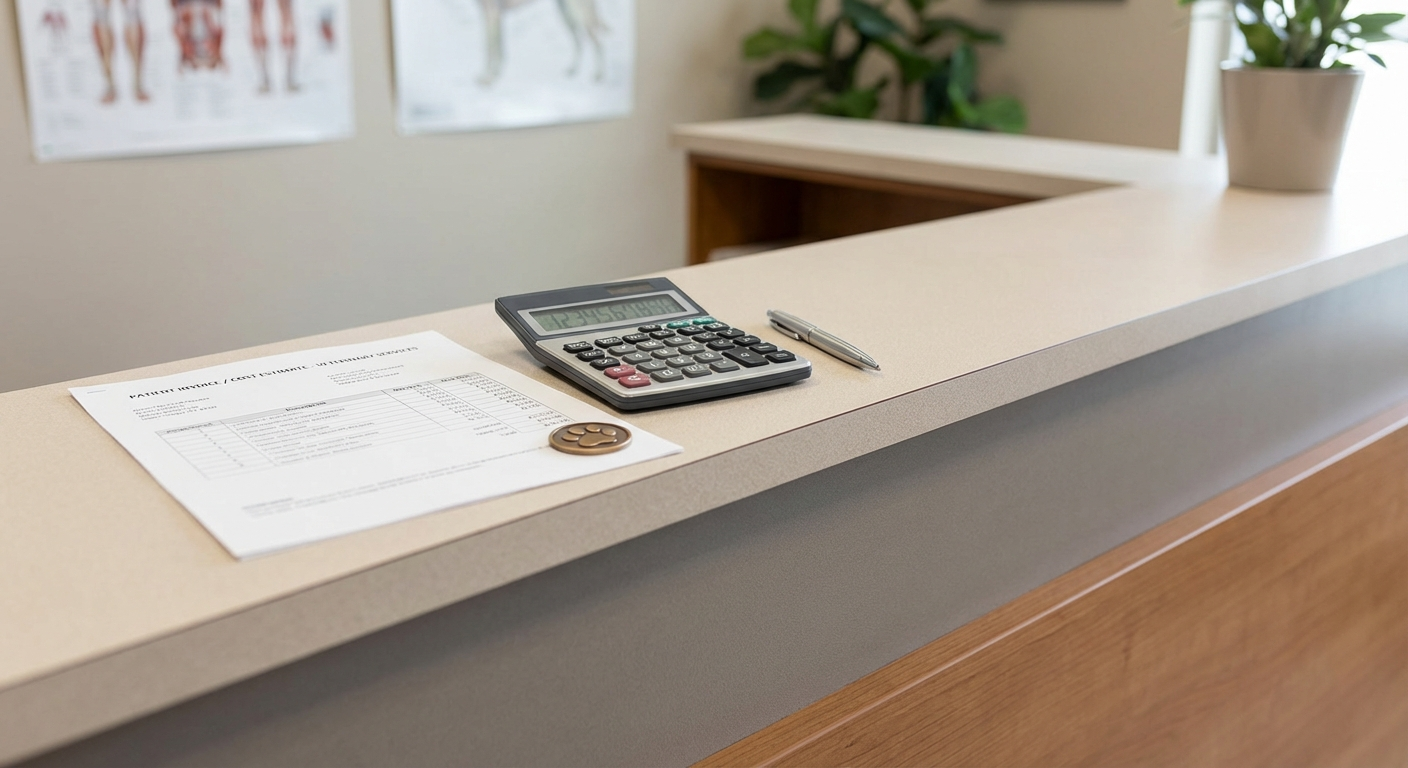 Invoice and calculator on a clinic desk with a small paw print token