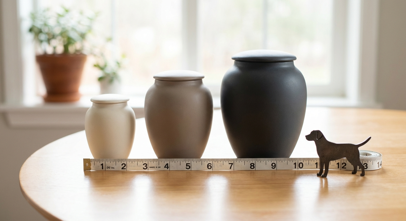 Different sized pet urns with measuring tape and dog figurine