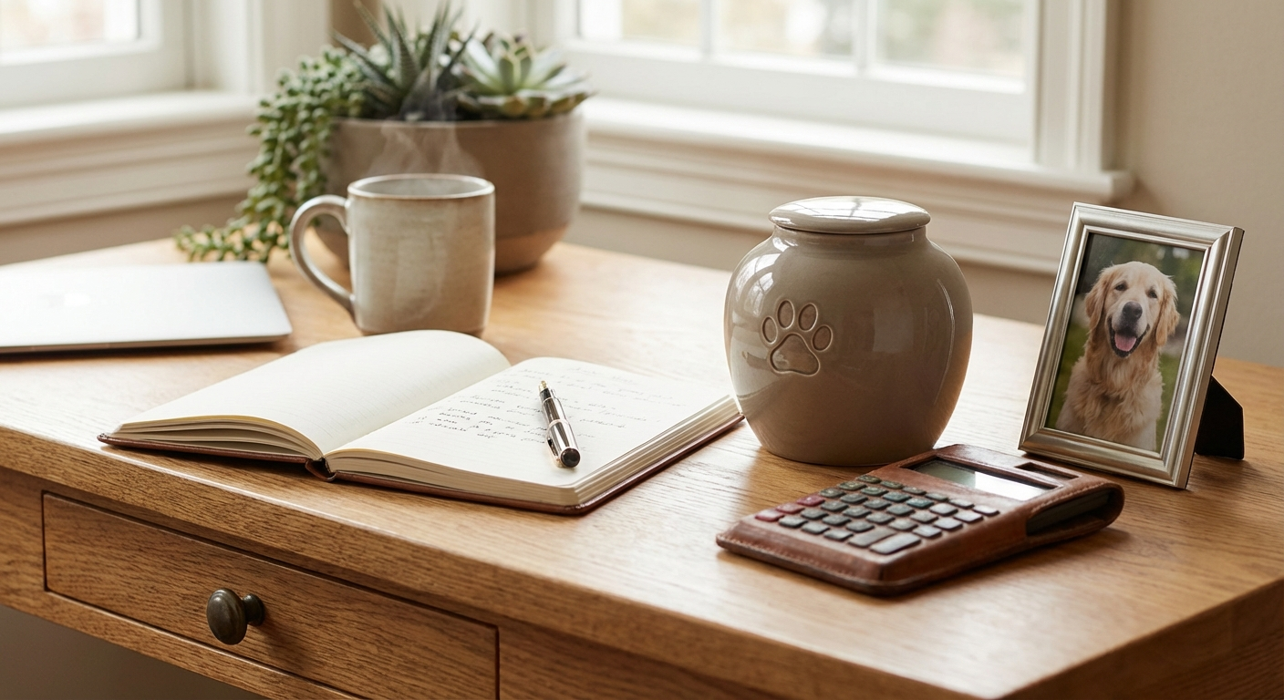 Pet urn with notebook, pen, calculator and pet photo on a desk