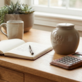 Pet urn with notebook, pen, calculator and pet photo on a desk