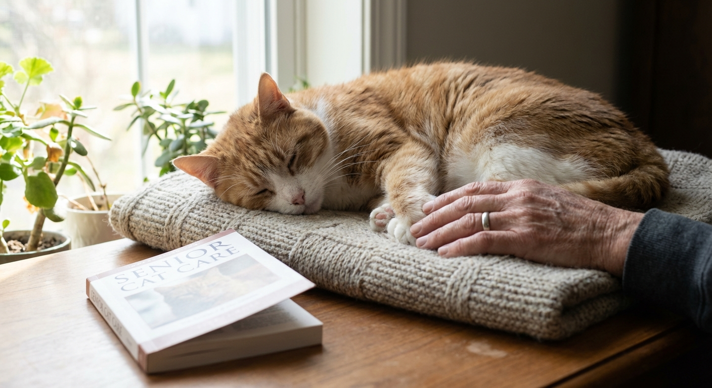 Calm elderly cat resting by a window with a caregiver hand nearby