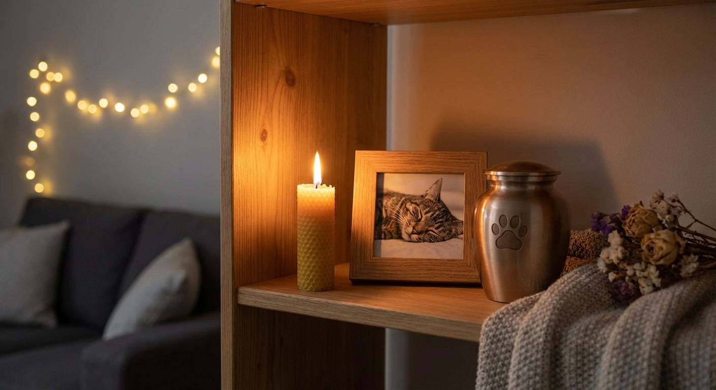 Lit candle and pet photo beside a small urn in a cozy room
