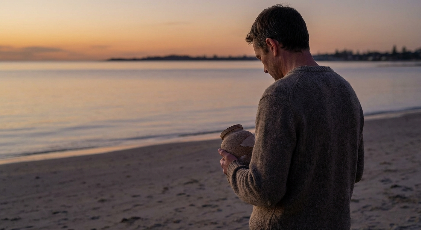 Person holding a biodegradable urn by the sea at sunset