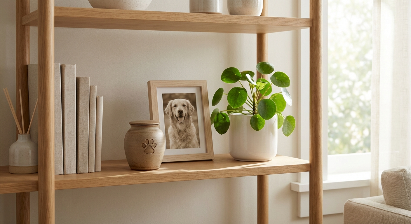 Pet urn on a bookshelf with framed pet photo and a plant