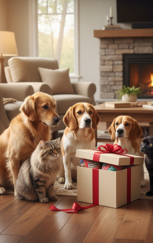 A coming soon Slider background image that with dogs and cats inside a living room with a expecting look to a giftbox open, super realisic style without any catoon feeling.